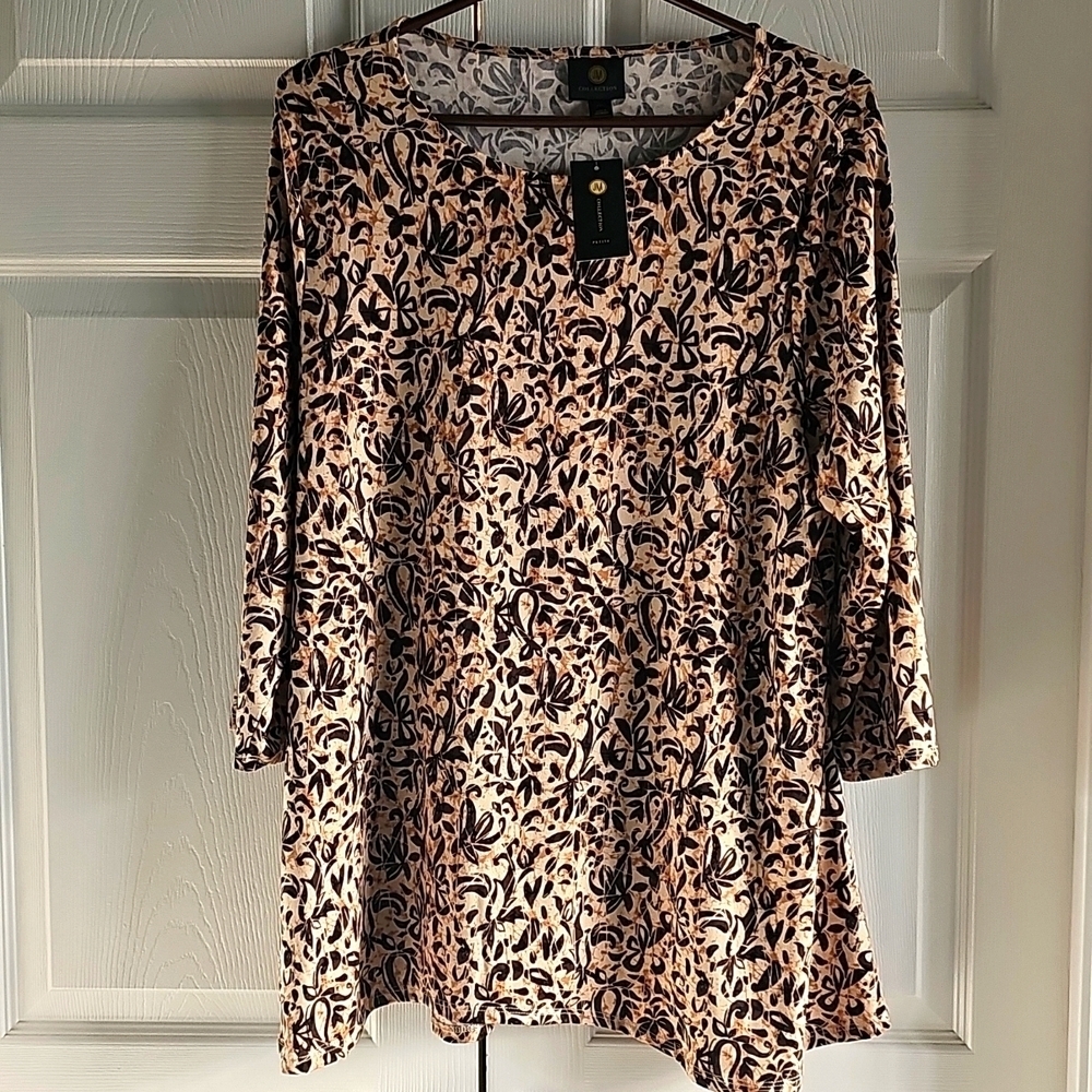 NWT JM Collection Petite 3/4  Sleeve Curved Hem Knit Tunic XL Tan/Black